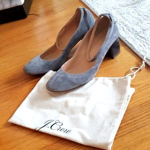 J. Crew grey suade block heel.